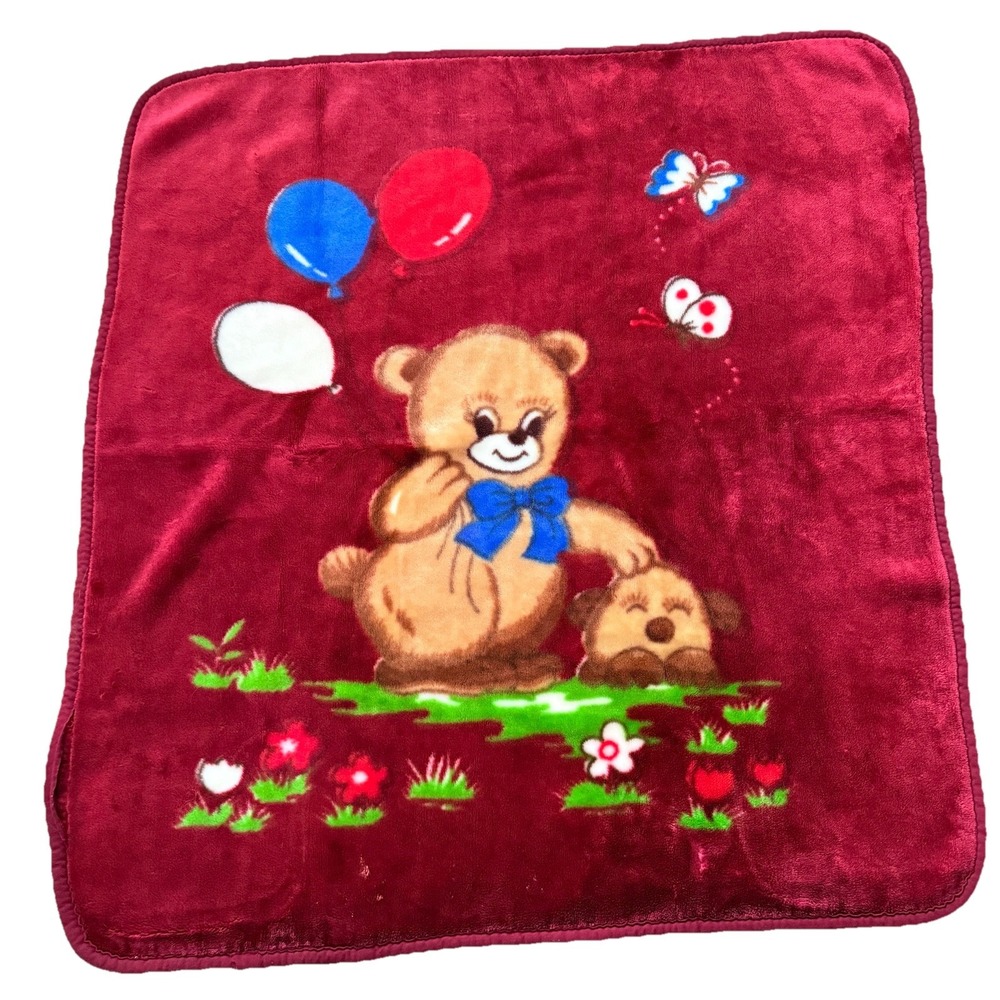 Vtg Mink Baby Blanket Bear Puppy Balloons Butterfly Minky Security Red Blankie